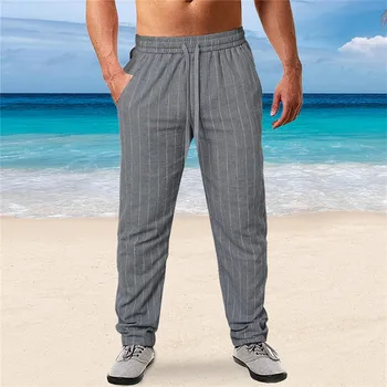 2023 Новые мужские хлопчатобумажные льняные брюки, мужские летние дышащие льняные брюки с полосками, Повседневные спортивные брюки для фитнеса, мужская одежда
