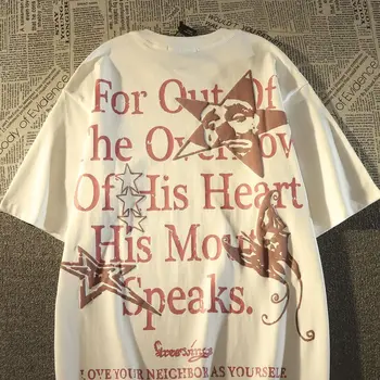 Американская винтажная футболка с буквенным принтом из чистого хлопка с коротким рукавом BoysHong Kong Fashion Brand, свободный топ с коротким рукавом Оверсайз