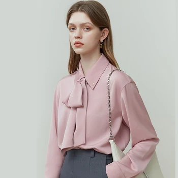 Минималистичная рубашка с французским розовым бантом, дизайнерская блузка свободного кроя для женщин 2023, весна-осень, новая верхняя офисная женская одежда для пригородных поездок.