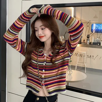 Корейская версия Весенне-осеннего свитера с V-образным вырезом в радужную полоску, Цветное пальто-свитер, женский короткий топ, кардиган с длинным рукавом