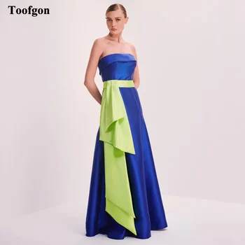 Toofgon Королевско-синие атласные Длинные платья для выпускного вечера Для женщин, вечерние платья без бретелек с бантиком, пояс длиной до пола, специальное платье для дня рождения