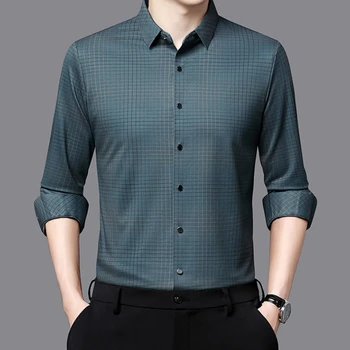 2023 Новая мужская осенне-зимняя высококачественная трендовая атласная шерстяная рубашка в клетку, деловой повседневный топ