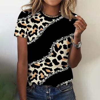 Леопардовая футболка, женское уличное платье с круглым вырезом и коротким рукавом, топ в стиле хип-хоп, сексуальный пуловер в стиле ретро, новинка