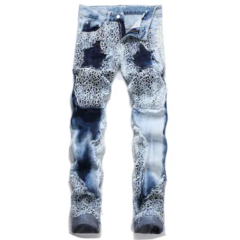 Мужские прямые джинсы в стиле панк-рок с вышитыми потертыми джинсовыми брюками в стиле пэчворк