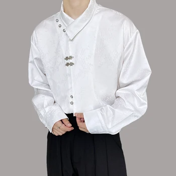 Ретро Мужская Жаккардовая рубашка из китайского атласа с металлическими пуговицами, стоячий воротник, кофточки с длинным рукавом, Модная Уличная Повседневная Мужская одежда