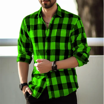 2023 Новая мужская рубашка в зеленую клетку с принтом, модная мужская рубашка с длинным рукавом и пуговицами с лацканами, Уличная Свободная Повседневная дышащая 9 цветов
