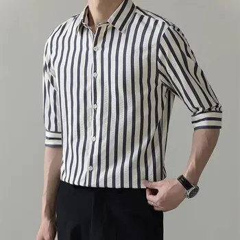 Мужские рубашки в полоску С коротким рукавом 2023, Летние топы с отложным воротником, повседневная модная блузка, Тонкие мужские однобортные рубашки
