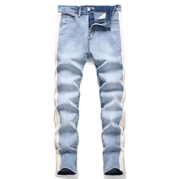 2023 Мужские джинсы из денима, однотонные, приталенные, эластичные, повседневные, классические, в полоску по бокам, модные брюки для четырех сезонов