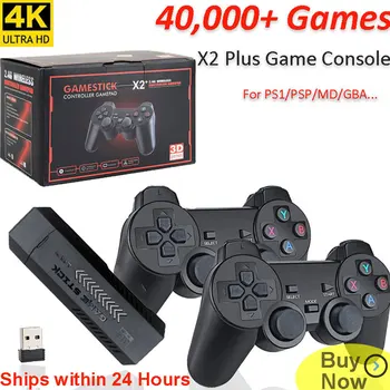 X2 Plus 3D Game Stick Видеоигровая Консоль 4K HD TV Ретро Игровая Консоль С Беспроводными Контроллерами 40000 + Игр Для PS1 /N64/ DC