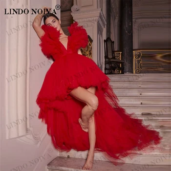 LINDO NOIVA Элегантное Винно-красное платье для выпускного вечера 2023, Высокие, Низкие, Короткие Коктейльные платья из пышного тюля с V-образным вырезом, Вечерние платья для девочек на день рождения.