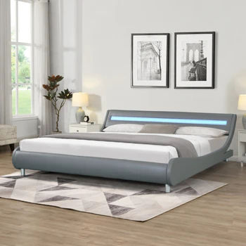 Каркас кровати-платформы, обитый искусственной кожей Королевского размера, со светодиодной подсветкой, Изогнутый Дизайн, Опора из деревянных Планок, Используется для спальни