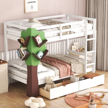 Белая двухъярусная кровать Twin-Over-Twin с декором в виде дерева и двумя ящиками для хранения, легко монтируемая для внутренней мебели для спальни