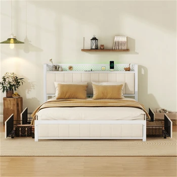 Бежевый каркас двуспальной кровати со светодиодным изголовьем, мягкая кровать с 4 ящиками для хранения и USB-портами, для мебели для спальни в помещении