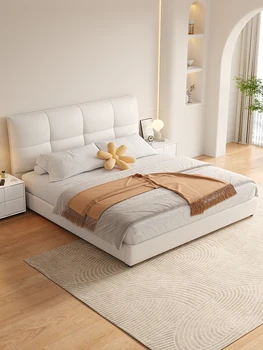 Итальянская чрезвычайно простая мягкая двуспальная кровать, высококачественная атмосферная кожаная кровать, легкая роскошная современная простая спальня