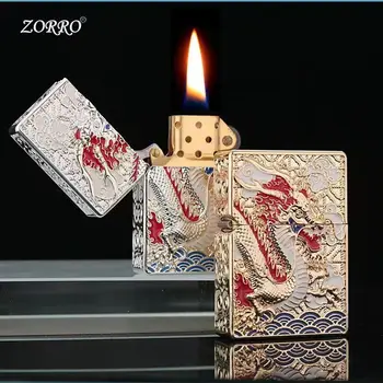 Керосиновая зажигалка ZORRO Dragon Двусторонний шлифовальный круг в старинном стиле, Ветрозащитная зажигалка, Аксессуары для сигарет, мужской подарок