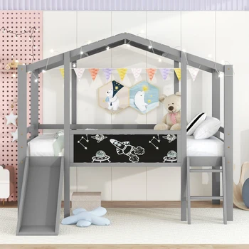 Двуспальная кровать-чердак в форме дома с Лестницей и горкой, Кровать-Домик с Классной доской и световой лентой на крыше, Для Детской спальни