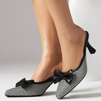 LIHUAMAO, Тапочки в полоску в британском стиле, туфли-мул, туфли на каблуке с котенком, Слайды, уличная вечеринка, Повседневная женская обувь на каблуке, туфли-лодочки с бабочкой