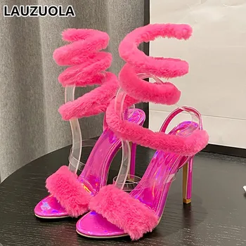 Пикантные женские босоножки на высоком каблуке со змеиным мехом, туфли на шнуровке с ремешком, женские вечерние туфли для выпускного вечера 2023, Летние женские тапочки
