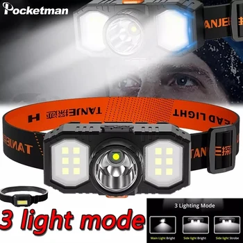 Мощная светодиодная фара COB, 3 режима освещения, USB Перезаряжаемая фара, Водонепроницаемый головной фонарь, супер Яркий головной фонарик
