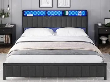 Каркас кровати King Size со светодиодной подсветкой, изголовье, обитая платформа Без шума