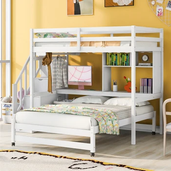Современная раздельная двухъярусная кровать с двумя односпальными кроватями, лестницей для хранения, письменным столом, полками и вешалкой для одежды, подходящая для спальни