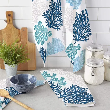 Синее кухонное полотенце с морским кораллом, впитывающая салфетка для посуды, полотенце для посуды для кухни, инструмент для бытовой уборки