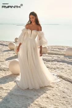 Свадебные платья в стиле бохо цвета слоновой кости со съемным пышным рукавом из тюля, плиссированные свадебные платья трапециевидной формы в виде сердечка 2023