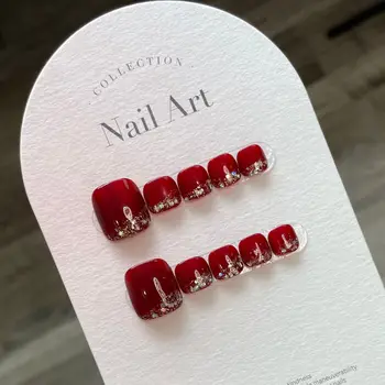 Красные ногти на пальцах ног ручной работы, накладные ногти корейского многоразового использования с блестящим дизайном, акриловые искусственные кончики для ногтей с полным покрытием