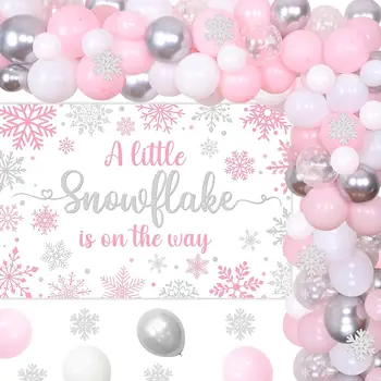 Зимние украшения для детского душа для девочки, маленькая снежинка на заднем плане, арка из розовых и серебряных воздушных шаров для детского душа для девочки