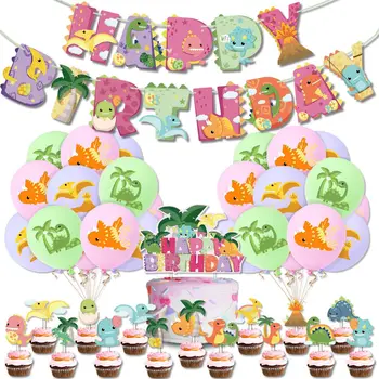 Украшения для вечеринки в честь дня рождения в стиле розового динозавра, баннер на день рождения, топпер для торта, воздушный шар, декоративные элементы для детских вечеринок