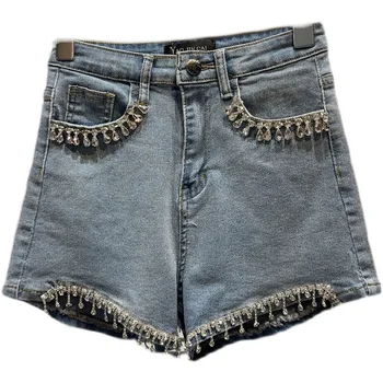 Джинсовые шорты с кисточками и стразами для тяжелой работы, женские летние модные широкие джинсовые шорты с бриллиантами