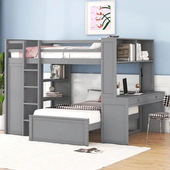 Полноразмерная кровать-чердак с двуспальной кроватью, полками, письменным столом и шкафом-серый