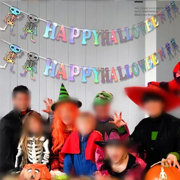 5 м Бумажный баннер Happy Halloween, Гирлянда с черепом ужасов для вечеринки в честь Хэллоуина, подвесные украшения, флаги-овсянки