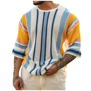 Мужской летний свитер с круглым вырезом и средними рукавами, полосатые трикотажные футболки с коротким рукавом для мужчин, топы Y2k, мужская одежда 티셔츠 футболка