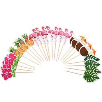 24шт Гавайских топперов для кексов, Фламинго, Ананас, Пальмовые Листья, Зубочистки, украшение торта для вечеринки в честь Дня рождения на тропическом летнем пляже