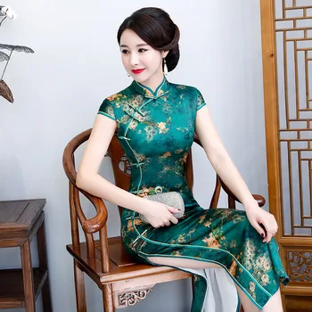 Yourqipao Лето 2023 Зеленый Ципао Длинный Достойный Показ На Подиуме Элегантное Китайское Традиционное Вечернее Платье Ципао для Женщин
