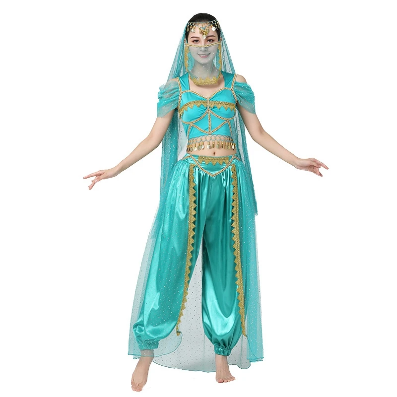 Экзотический Индийский танец, Костюмы для танца Живота, комплект для женщин, 4 шт., Благородная принцесса Жасмин, косплей, Сценическая одежда для выступлений.