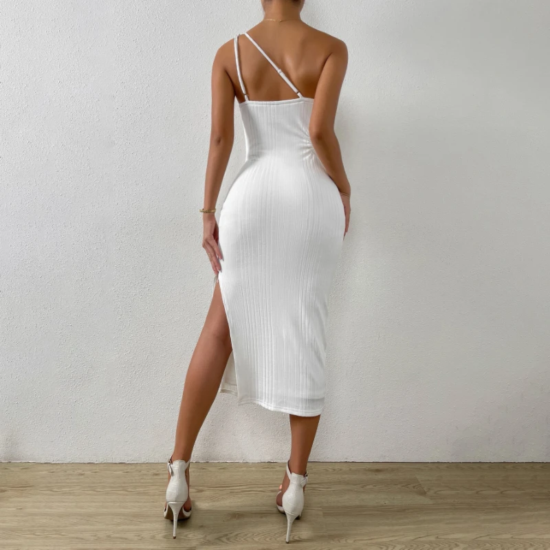 Белое Сексуальное облегающее платье с запахом на бретельках, летнее платье Миди с разрезом без рукавов, Женское модное платье на одно плечо с открытой спиной.