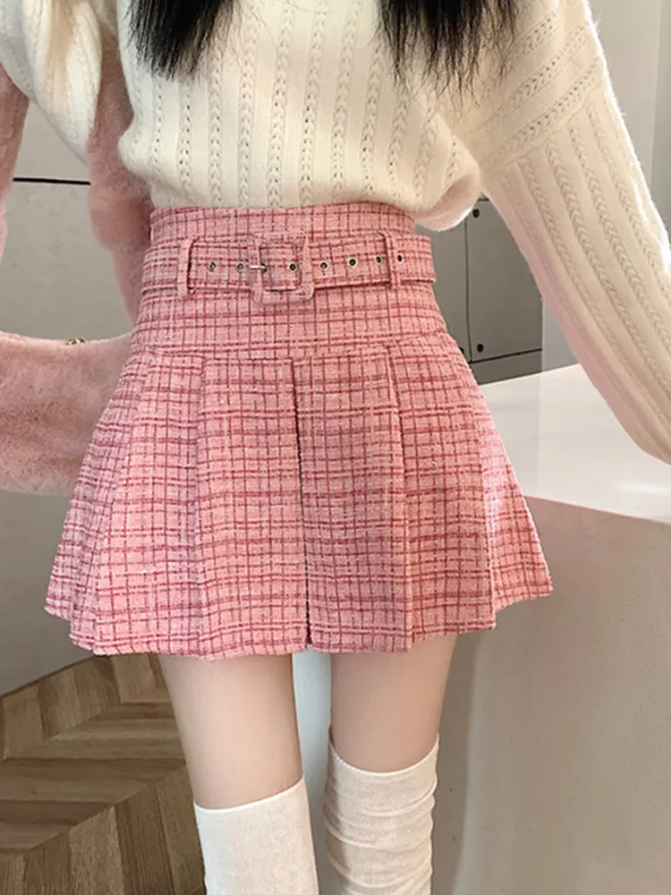 Маленькая ароматная розовая плиссированная твидовая юбка для женщин на осень-зиму, тонкая универсальная шерстяная короткая юбка трапециевидной формы с поясом.