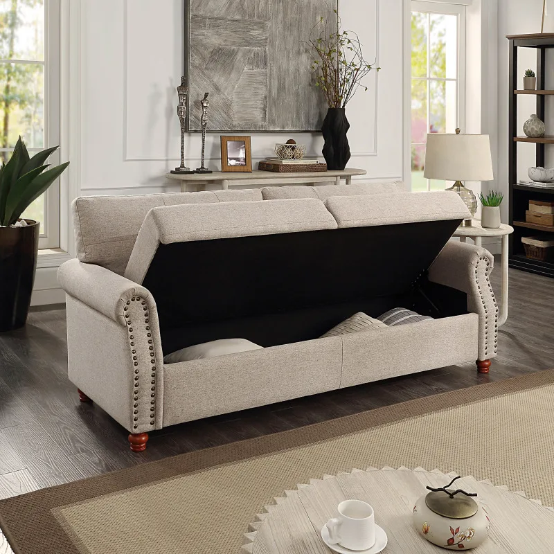 Бежевая льняная ткань для обивки дивана для хранения / Подушки с ворсом / Простая сборка без инструментов для мебели для гостиной в помещении