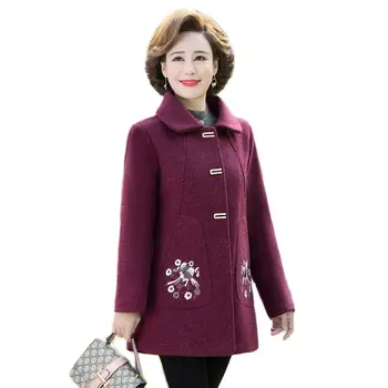 Шерстяное пальто для женщин среднего возраста 2023 ГОДА, НОВАЯ осенне-зимняя шерстяная куртка с вышивкой средней длины, Свободная повседневная женская верхняя одежда