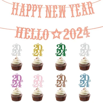 10шт Mini 2024 С Новым годом, топпер для кексов, украшения торта, вечерние принадлежности